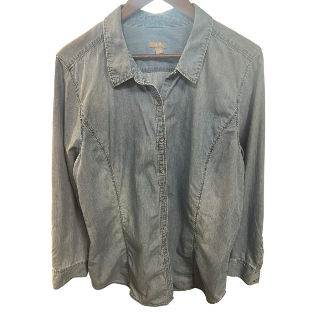 J. Jill 100% Cotton Light Blue Chambray Denim Style Button-Up Shirt Size XL